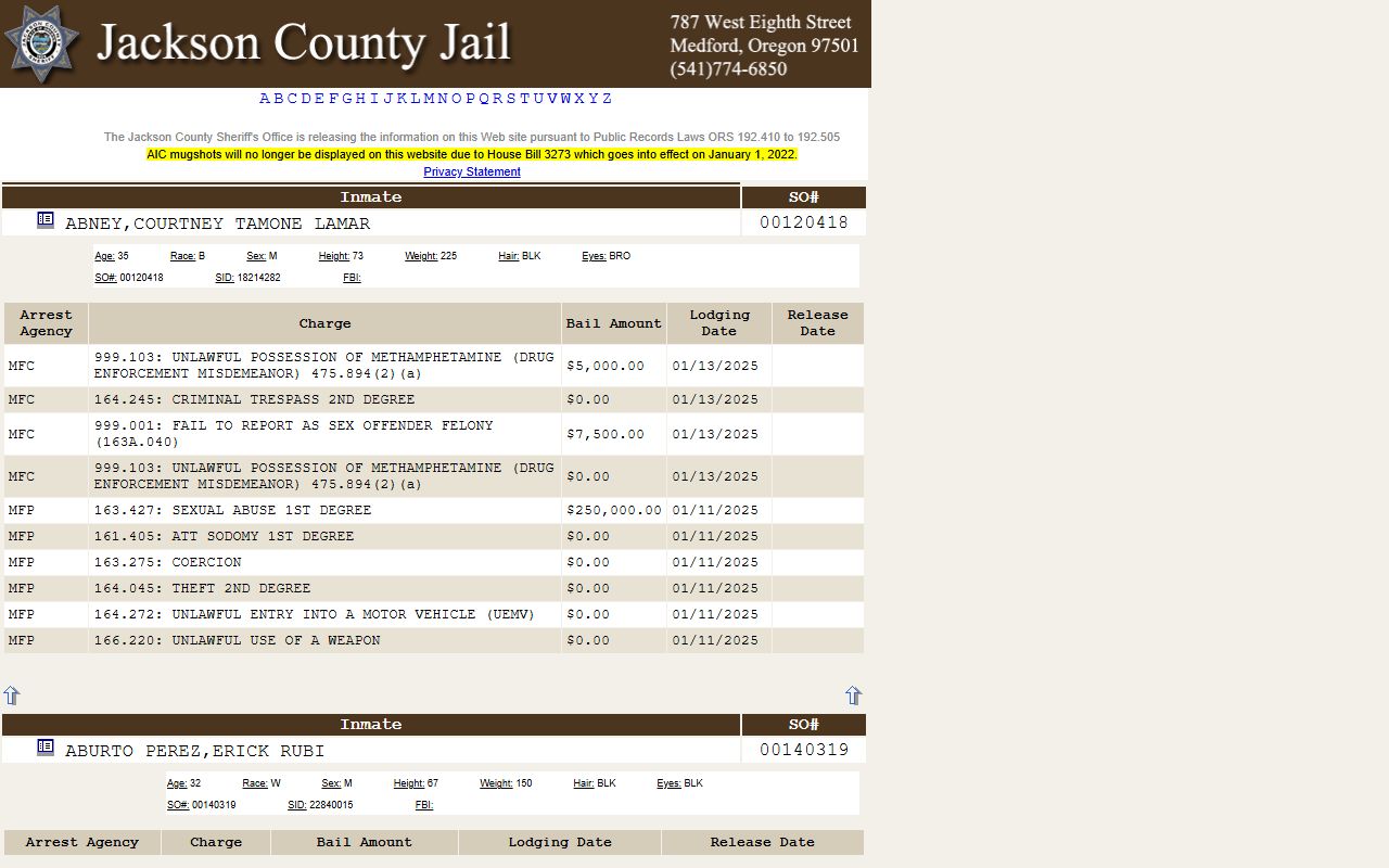 Jackson County arrest records current AIC roster