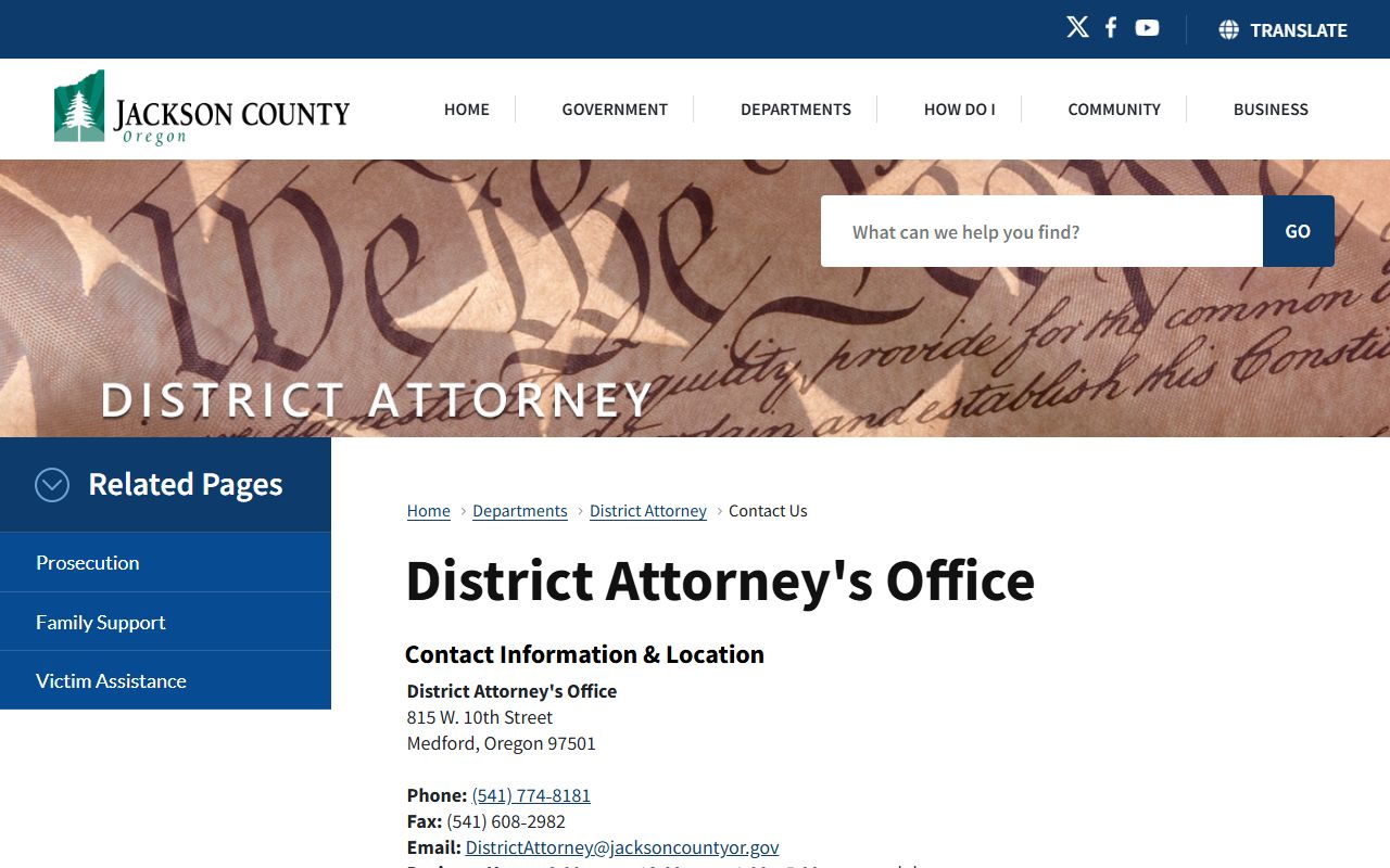 Jackson County criminal court records District Attorney contact page
