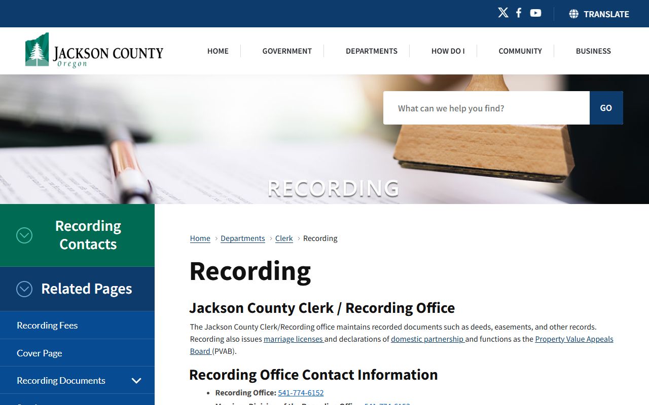 Jackson County Court marriage and recording records