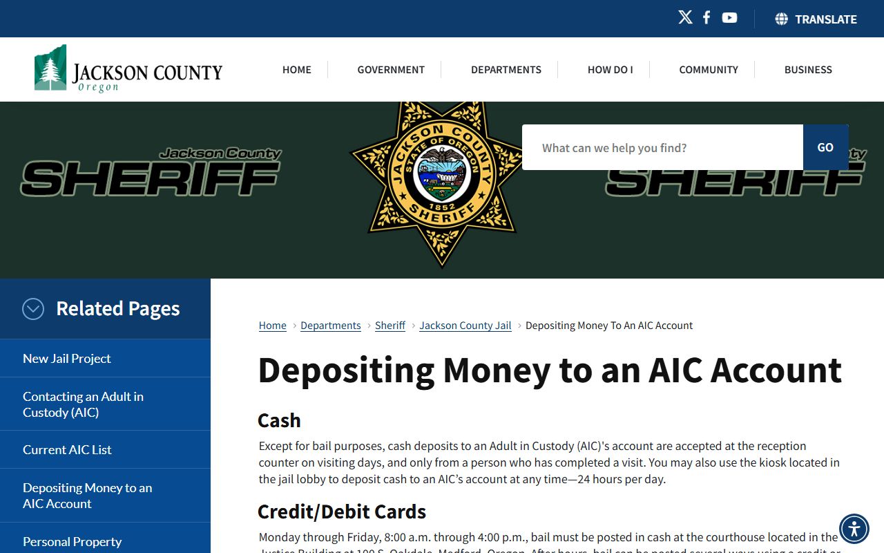 Jackson County Jail money deposit instructions