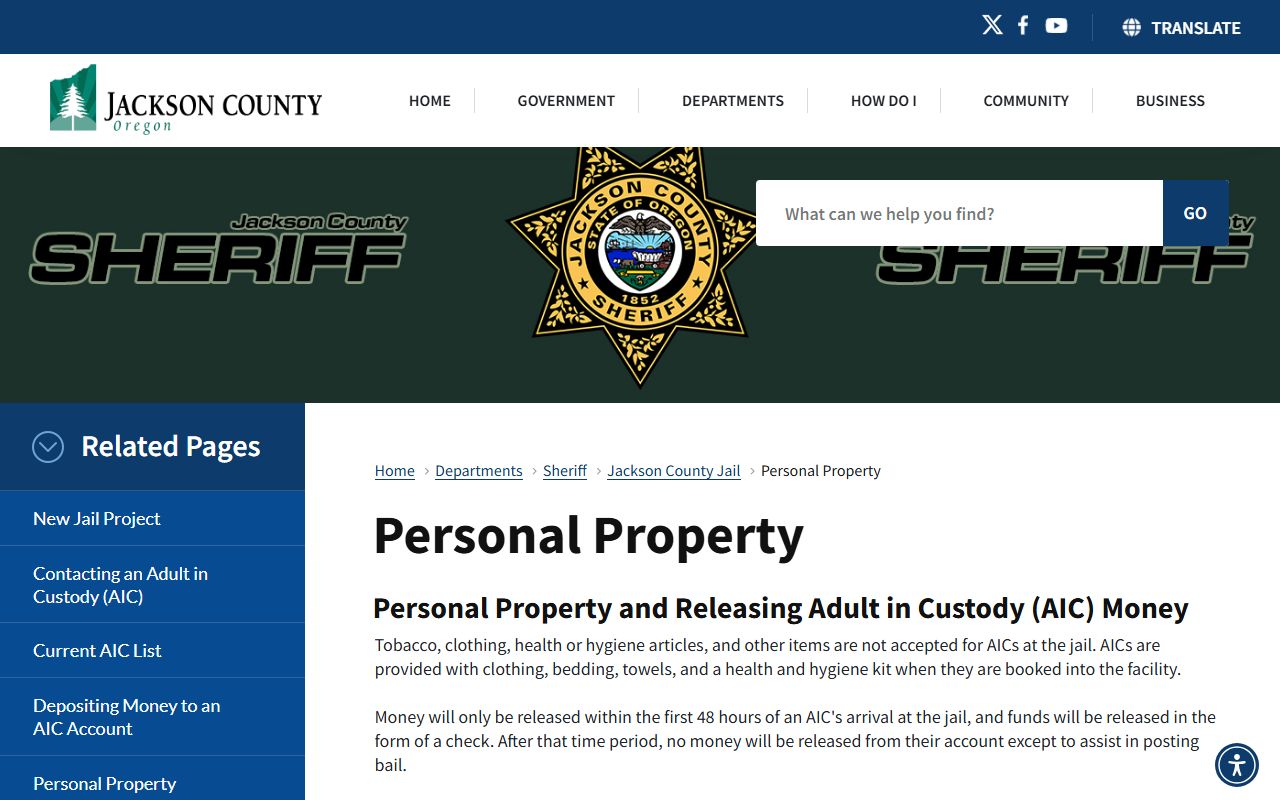 Jackson County Jail personal property release rules