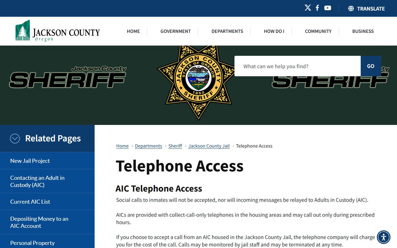 Jackson County Jail telephone access rules