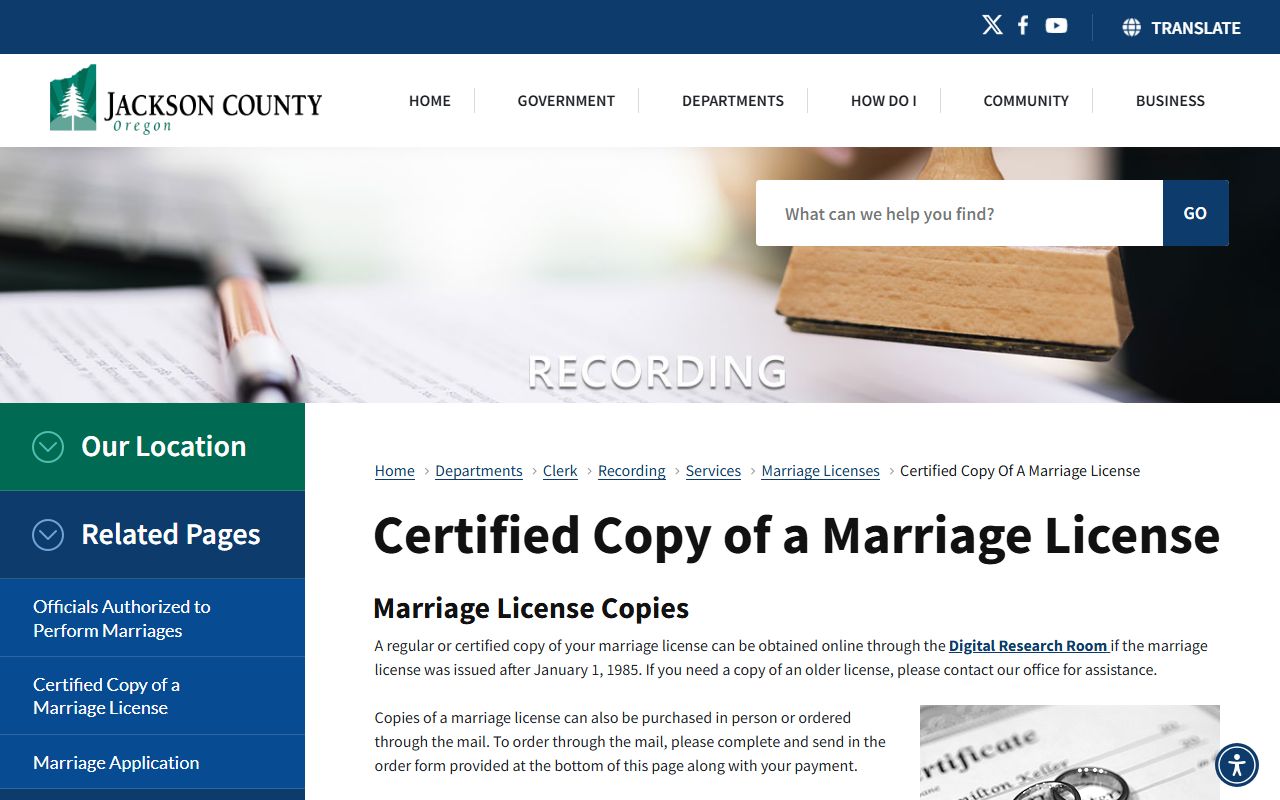 Jackson County marriage records certified copy fees