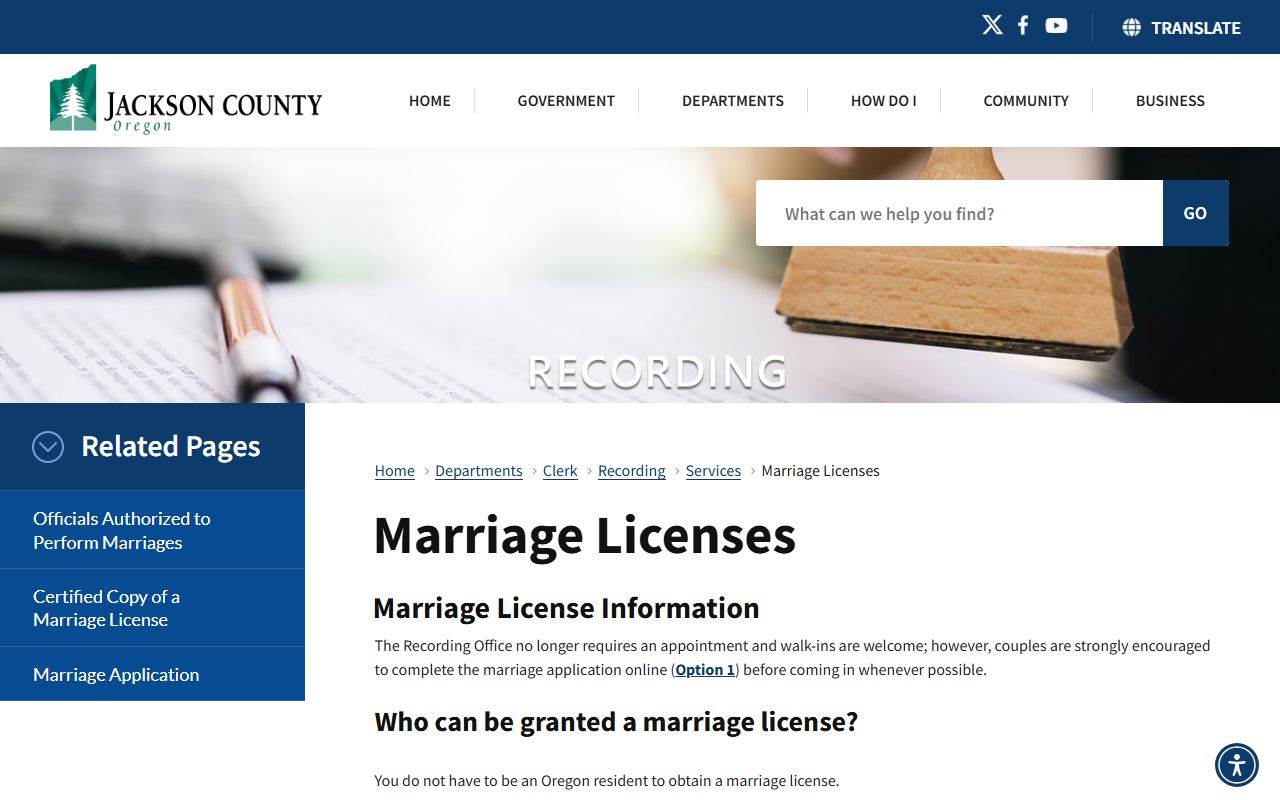 Jackson County marriage and divorce records license information