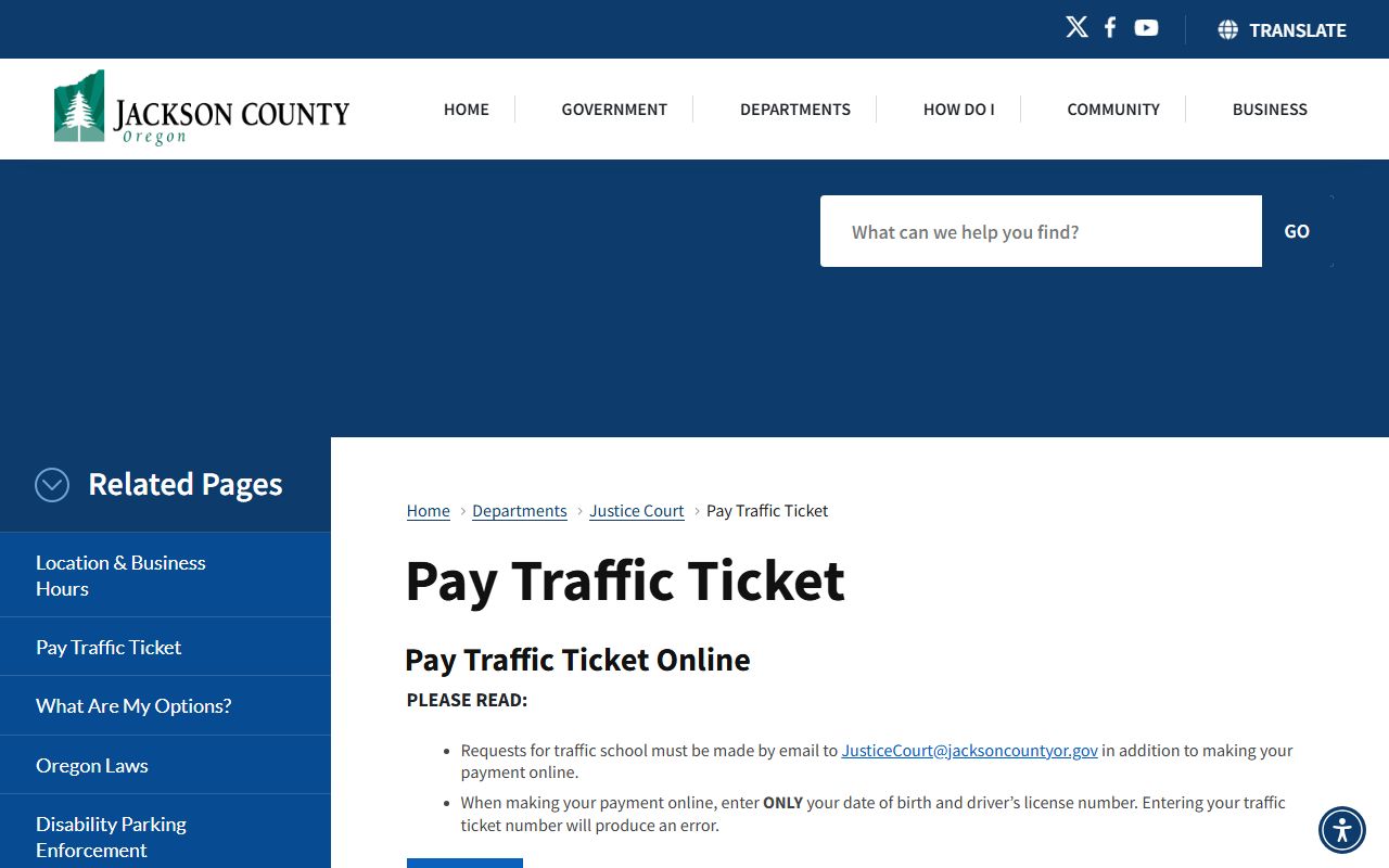 Jackson County Justice Court traffic ticket payment page