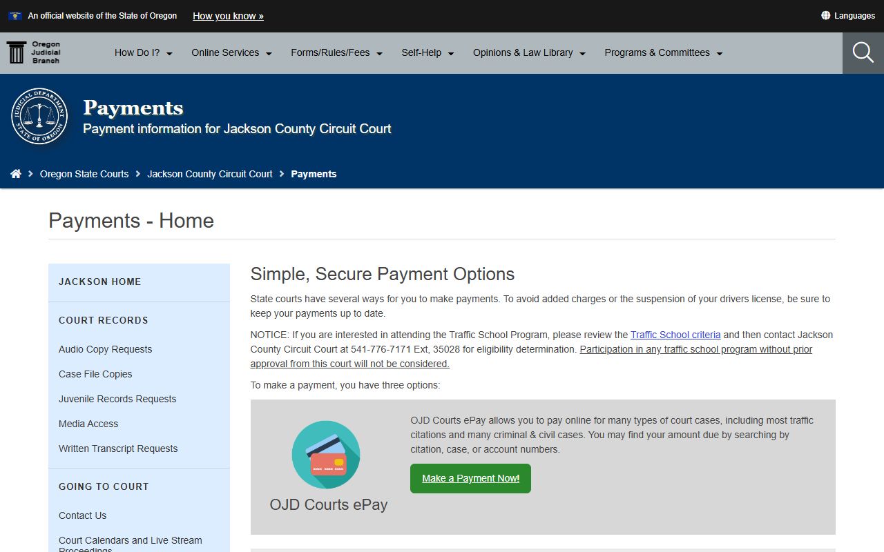 Jackson County Circuit Court OJD Courts ePay page