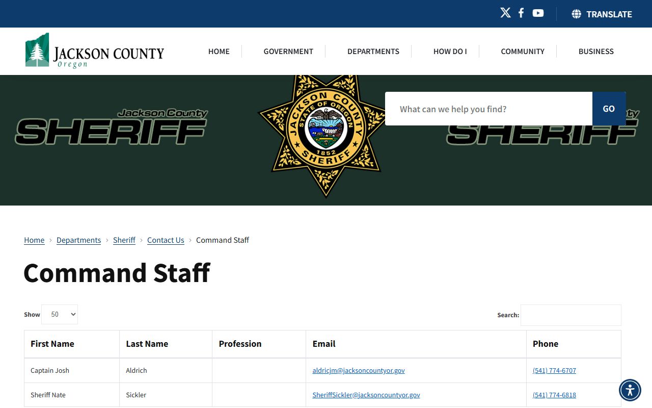 Jackson County Sheriff command staff contact page