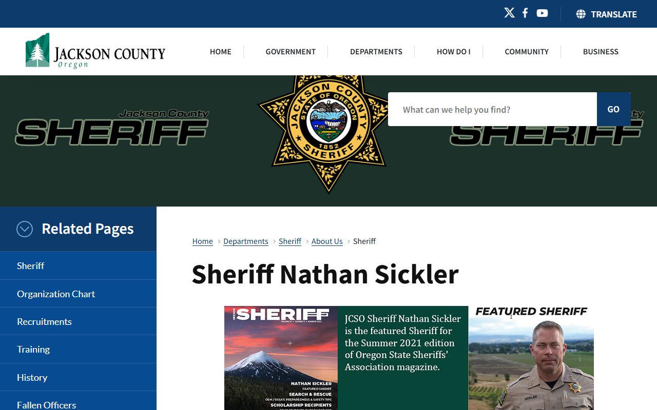 Jackson County Sheriff Nate Sickler official biography page